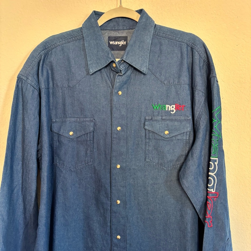 Wrangler Mens Logo Mexican Denim Western Snap Shirt - Picture 4 of 9